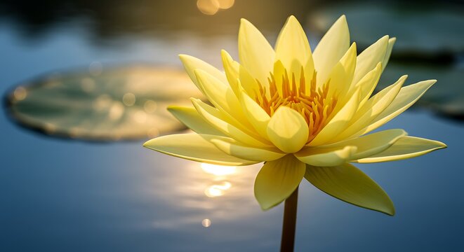 Yellow water lily blooming in a calm pond with sunlight reflections and green lily pads