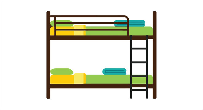 Bunk bed illustration with green and yellow bedding on white background