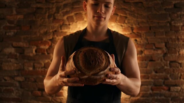 Artisan baker holding freshly baked sourdough loaf against brick wall