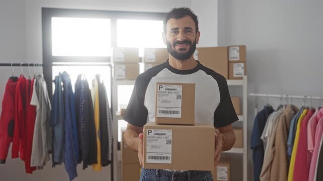 Man holding stacked cardboard boxes and smiling, hands visible among clothing racks and shelves inside a studio; pride small business hustle.