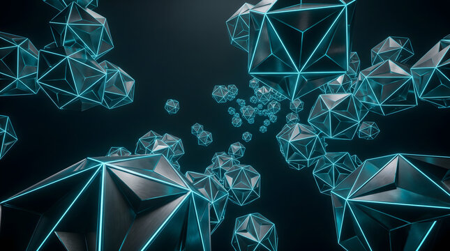 Abstract futuristic 3D background featuring metallic geometric polyhedrons with glowing cyan neon edges floating in a dark cosmic digital space technology