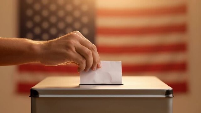 Hand inserting folded ballot into voting box with flag backdrop