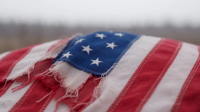 Close up worn American flag fabric waving outdoors