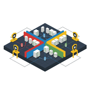 Abstract isometric representation of a distributed network system with servers and data flow.