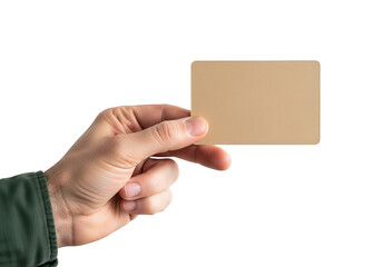 Fototapeta premium Hand holding beige blank card on transparent background