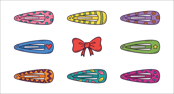 Colorful hair clips and bow illustration on white background