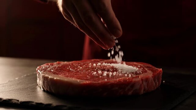 Chef sprinkling sea salt on raw marbled ribeye steak