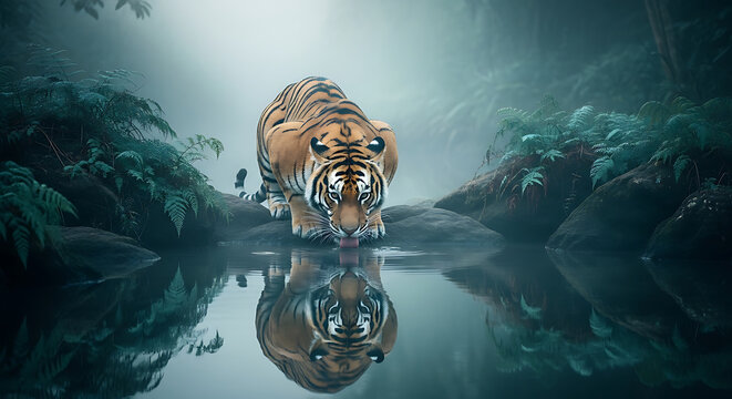 Majestic tiger quenching its thirst in a mystical jungle pool, surrounded by lush, misty foliage, its reflection shimmering on the serene water surface, embodying wild beauty