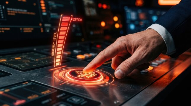 A businessman presses the escalate alert button on a control panel, responding to a critical situation with urgency and focus on the task.