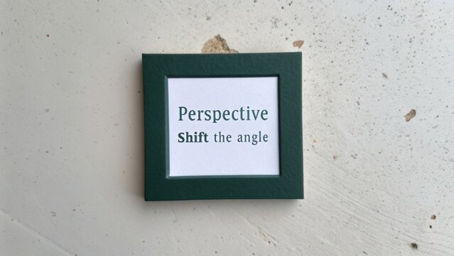 Framed message on wall reading 'Perspective shift the angle' conveying a conceptual idea