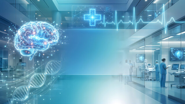 Blue brain with glowing neurons in a futuristic lab background