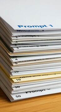 Stack of papers showing prompts and numbers on a light wood surface