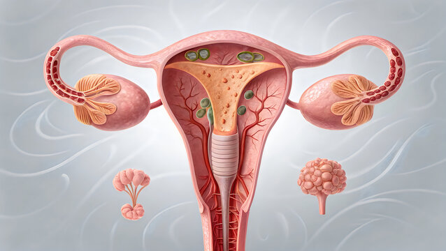 Anatomical illustration of the female reproductive system with ovaries and fallopian tubes