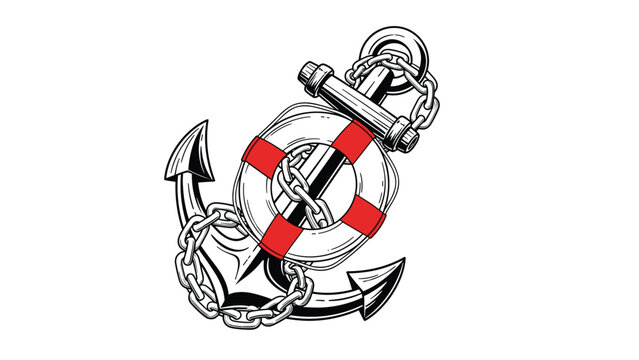 Detailed nautical drawing of a heavy marine anchor entwined with thick chains and a red and white lifebuoy ring on white background.