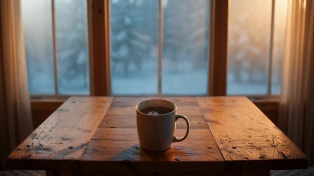 Hot coffee mug on rustic wooden table by window