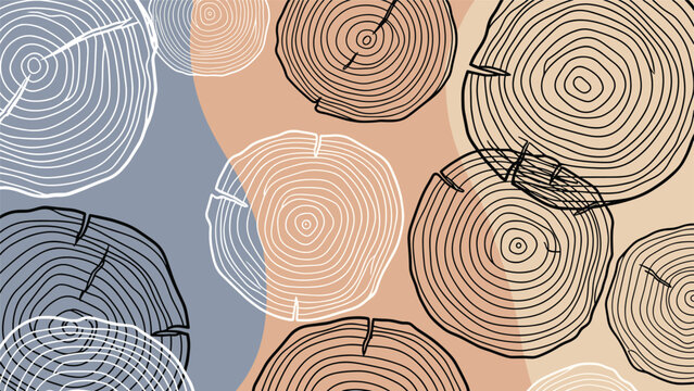 Artistic pattern of wood slice cross sections with concentric circles and organic shapes on a warm multi colored background texture.