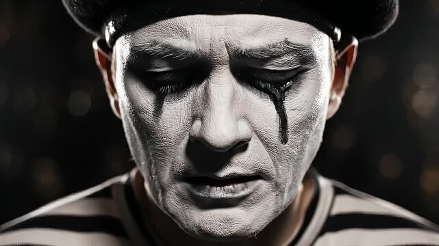 Sad mime with tears on painted face
