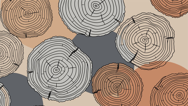 Decorative pattern of various tree trunk cross sections showing detailed growth rings and wood textures on a neutral background design.