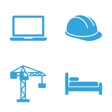 Title: set of blue featuring a laptop hard hat with stripes construction crane and single bed