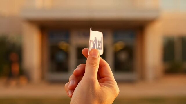 Hand holding voted sticker in front of polling place building