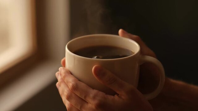 Hands holding warm ceramic mug with black coffee by window light