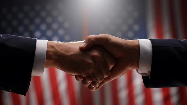 Business professionals shaking hands before American flag