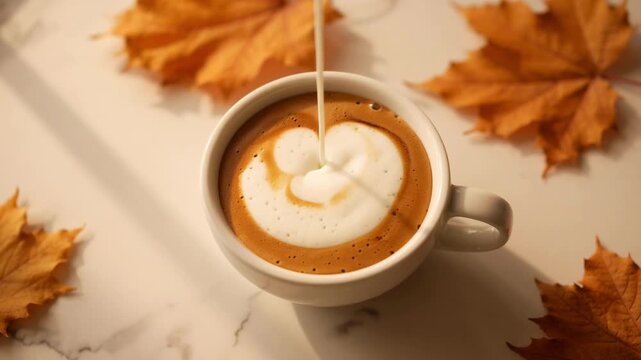 Latte with heart latte art surrounded by autumn leaves