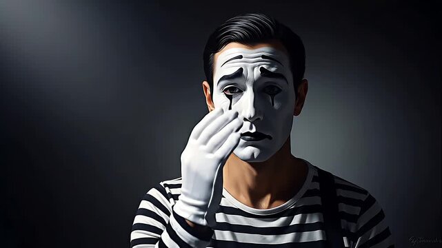 Sad mime artist performing with dramatic expressions
