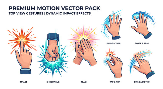 A high-energy motion vector pack illustrating dynamic hand gestures such as snaps, claps, punches, and touch interactions.