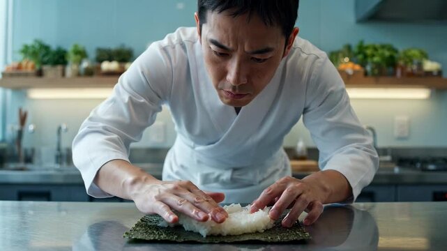 Professional sushi chef pressing rice onto nori in modern kitchen