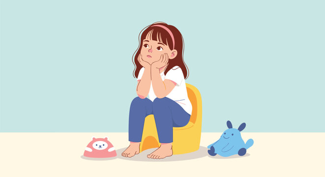 Little girl sitting on a yellow potty chair in deep thought with a thoughtful expression and toys on the floor against a light blue wall.