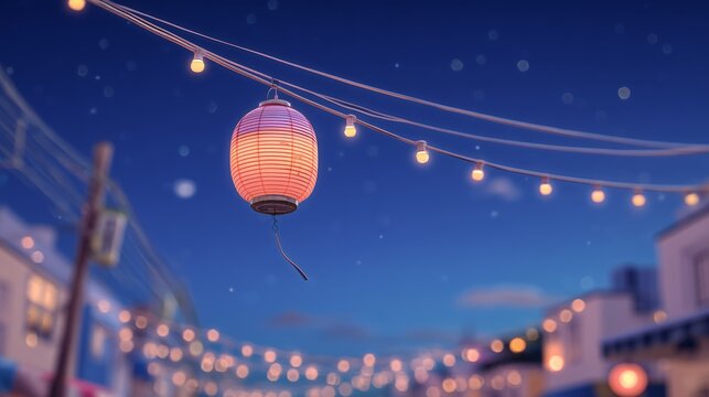 Close-Up Pink Paper Lantern with Bokeh Lights at Summer Night Festival in Anime Style