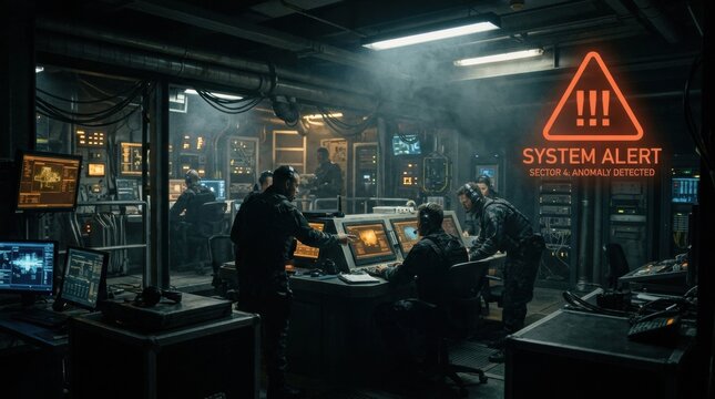 Personnel work at control consoles while a system alert indicates an anomaly in a high-tech setting with smoke haze present.