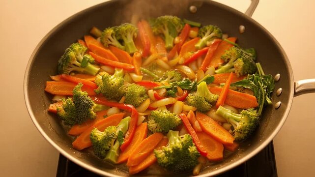 Colorful vegetables stir frying in wok pan overhead view