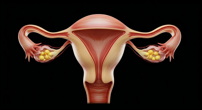 Anatomical illustration of the female urinary and reproductive system focusing on the uterus and ovaries