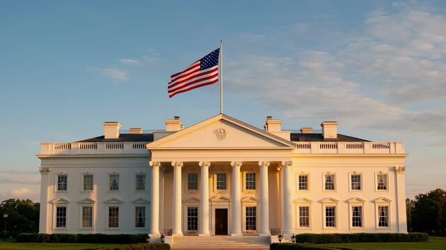 American flag flying above White House at golden hour