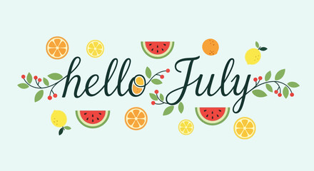 Hello July Text with Fresh Fruits and Leaves - Summer Greeting © Usaha