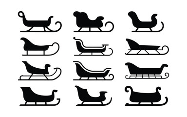 Obraz premium Black silhouettes of various sleighs and sleds on white background for christmas and winter