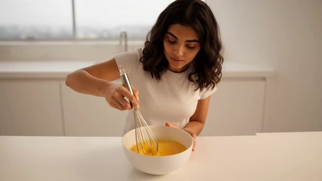 Woman whisking eggs in white bowl while cooking
