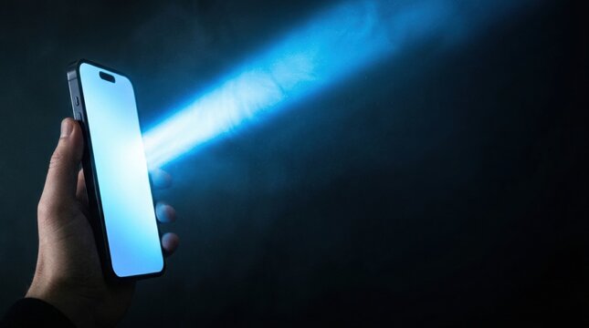 A hand holds a smartphone that is emitting blue light in a dark environment. This scene captures technology interaction during nighttime activities.