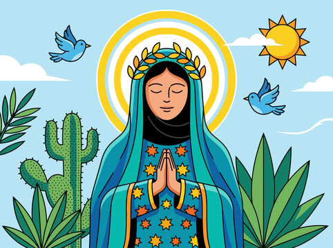 Virgin of Guadalupe Modern Vector Illustration - Mexican Religious Catholic Icon with Cactus, Agave and Birds in Colorful Flat Art Style