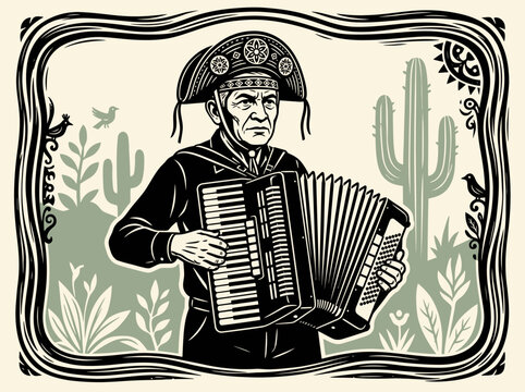 Brazilian Sanfoneiro Playing Accordion in Cordel Woodcut Style Illustration, Sertao Theme