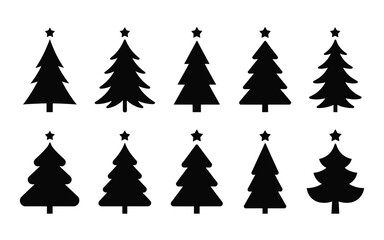 Obraz premium Black christmas tree silhouettes with stars on white background