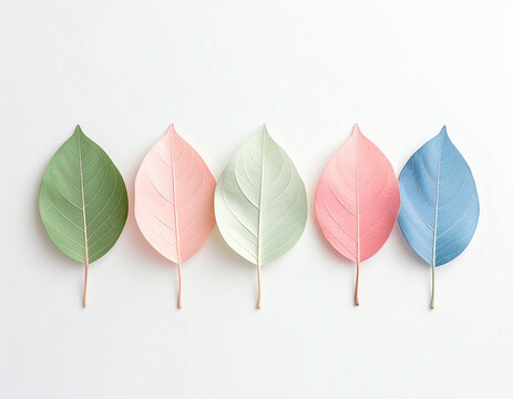 Pastel colored leaves in a row clean minimal design パステルリーフの整列デザイン
