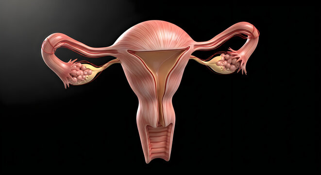 Anatomical illustration of the human female uterus with fallopian tubes and ovaries