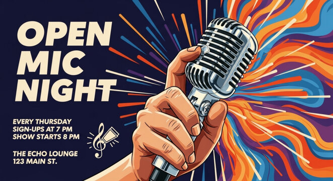 Vibrant open mic night poster with microphone and colorful background