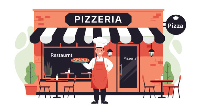 Friendly chef standing in front of his traditional brick pizzeria restaurant while holding a freshly baked pizza on a tray.