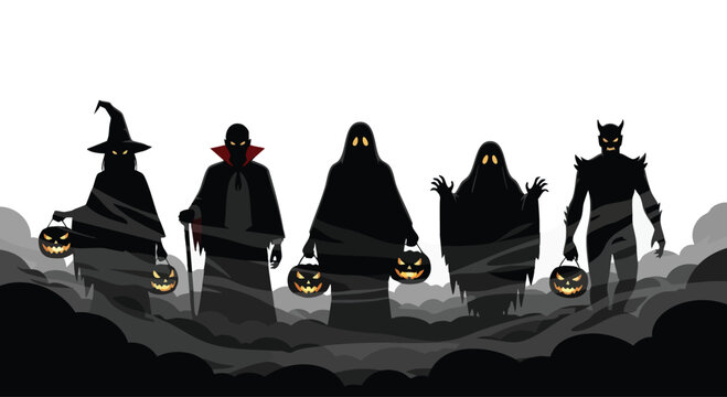 Group of spooky Halloween characters in black silhouettes with jack-o-lanterns at night