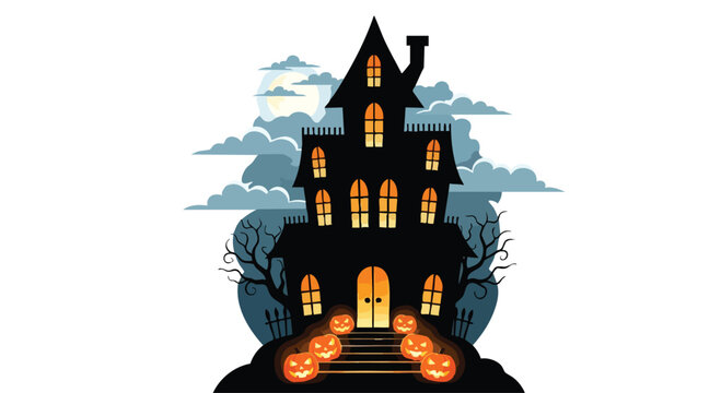 Spooky haunted house with glowing jack-o-lanterns on the porch at night