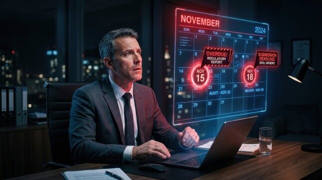 A man sits in a modern office, focused on his laptop while a holographic calendar shows deadlines and a risk alert for a regulatory report.